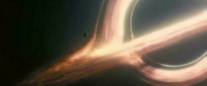 A visual of an extremely large and scary black hole with an eerie, glowing accretion disk in deep space.