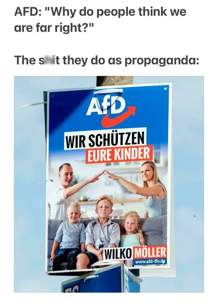 Political campaign poster with family attempting to promote protection, a there was an attempt moment that failed spectacularly.
