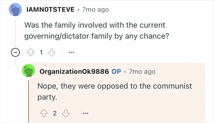 Reddit users discuss a North Korean grandfather's life story and his family's opposition to the communist party.