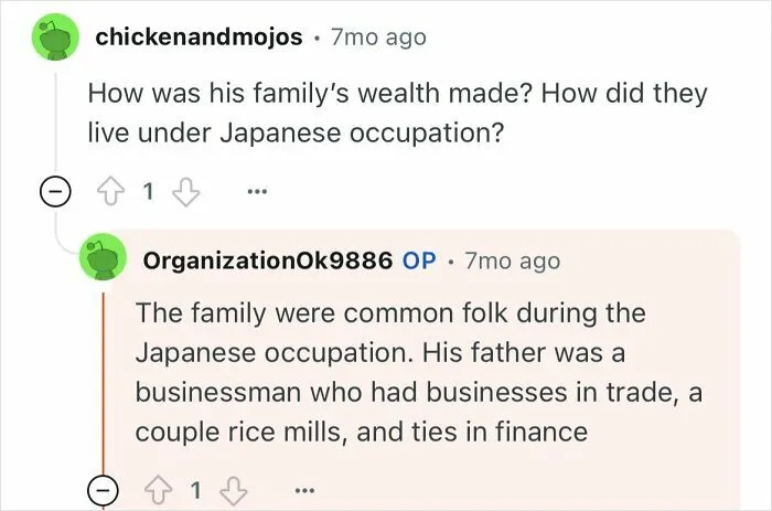Reddit user asks about family wealth and life under Japanese occupation in a discussion about a grandfather who escaped North Korea.