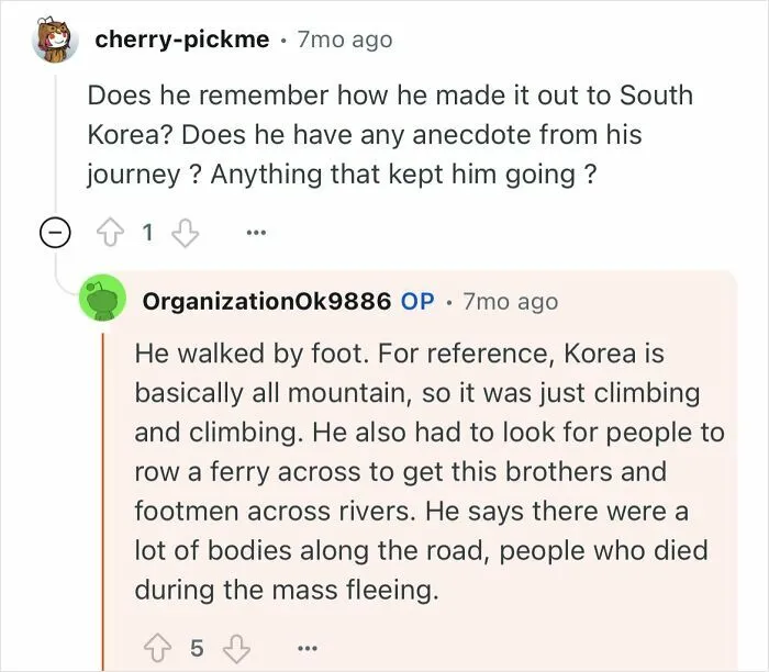 Comment discussing a grandfather who escaped North Korea, sharing details about his difficult journey on foot and across rivers.