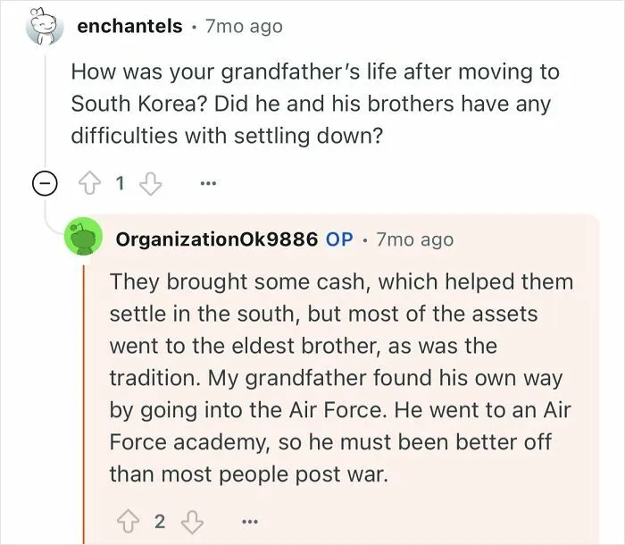 Reddit user discusses grandfather's life after escaping North Korea and settling in South Korea with his brothers.
