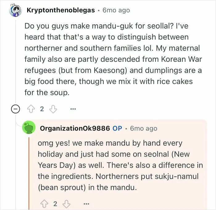 Comments discussing making mandu-guk and differences in Korean holiday foods from North Korean escapee perspective.