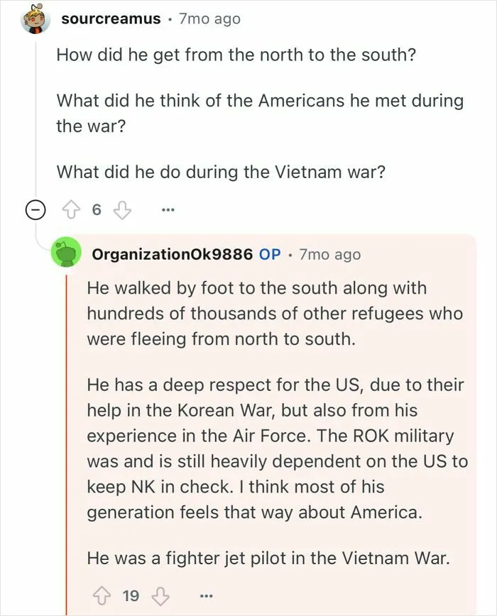 Reddit conversation about a grandfather who escaped North Korea and his experiences during war and as a pilot.