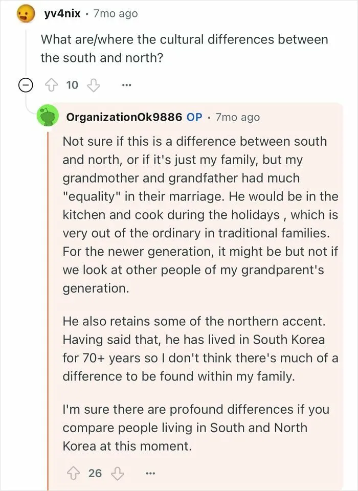 Reddit user discusses cultural differences and family life of a grandfather who escaped North Korea and his experiences.