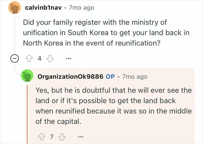 Screenshot of a conversation about land registration and reunification with a North Korean escapee grandfather.
