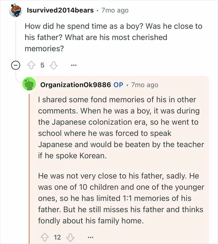 Comment thread discussing a grandfather who escaped North Korea sharing memories of his childhood and family life.