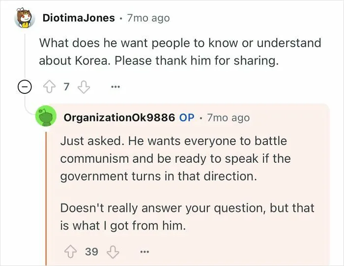 Conversation about what a North Korea escapee grandfather wants people to understand about Korea and communism.