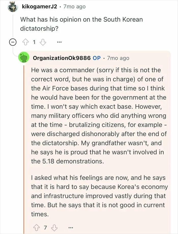 Reddit user discusses a grandfather who escaped North Korea and shares his life experiences under dictatorship and military service.