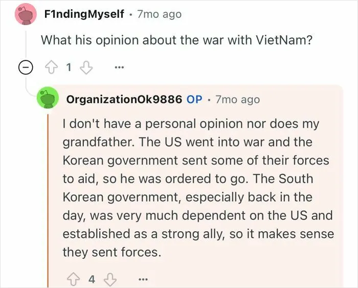 Reddit conversation discussing a grandfather who escaped North Korea sharing his life experiences and historical insights.