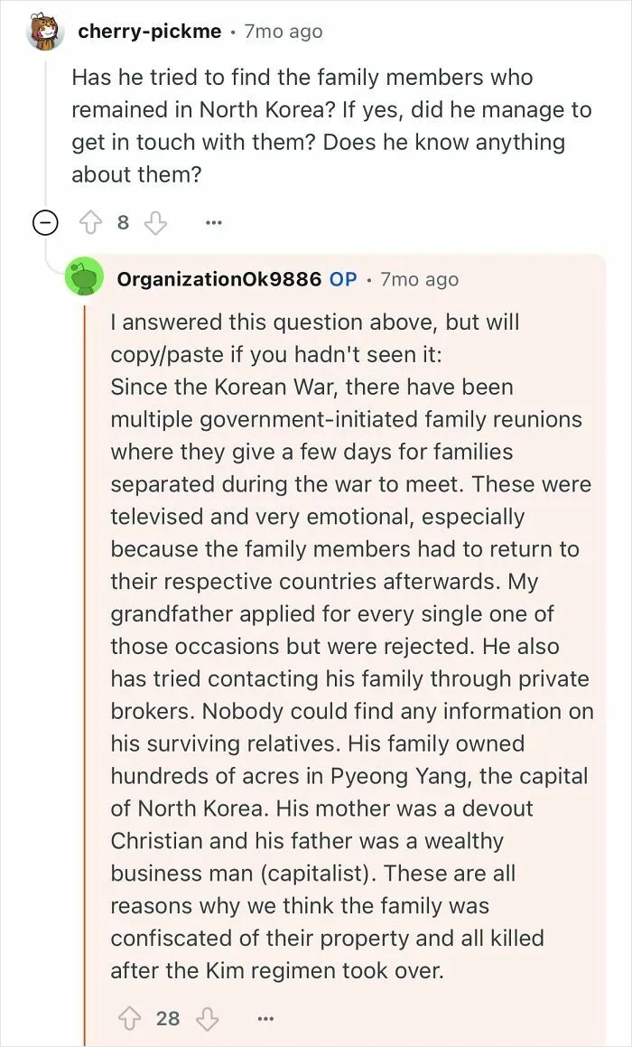 Reddit user explains family reunions and struggles of a grandfather who escaped North Korea sharing his life experience.