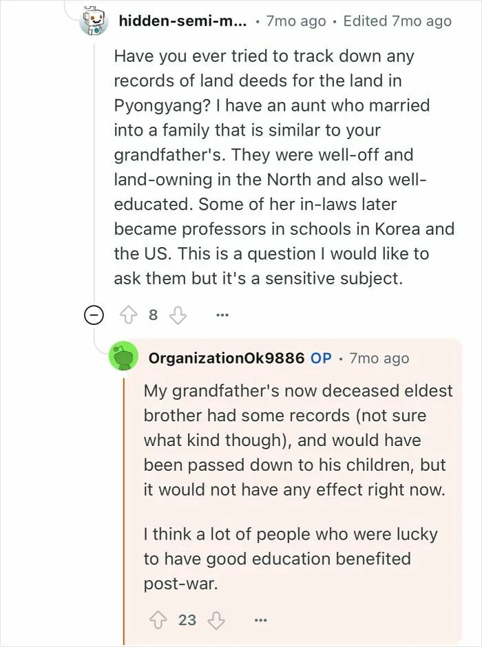Screenshot of a Reddit discussion about a grandfather who escaped North Korea and his family's history with land records and education.