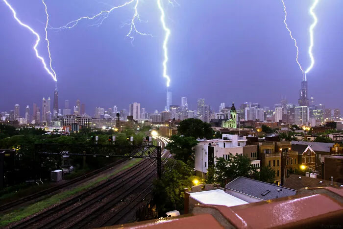 Triple Lightning Strike Over Chicago