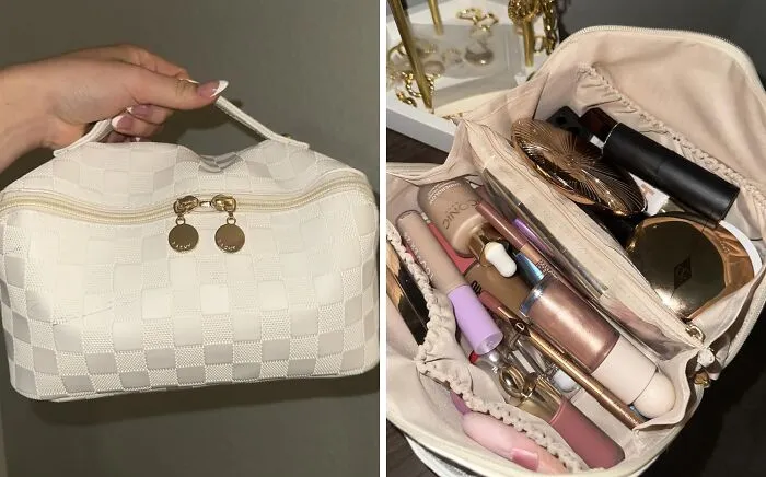 You Can Now Pack Your Entire Bathroom Counter For A Weekend Trip Thanks To A Ridiculously Spacious <a Style="Display:inline;" Href="Https://Www.amazon.com/Eachy-Capacity-Waterproof-Organizer-Plaid-White/Dp/B0c1b86935?ie=utf8&linkcode=ll1&tag=bpkiwi-20&linkid=f9045a712d534475b5c6bcf55ee4d34e&language=en_us&ref_=as_li_ss_tl" Target="_blank">  <span Style="Font: Inherit; Color: #d74b1f;"> Large Travel Makeup Bag </Span>