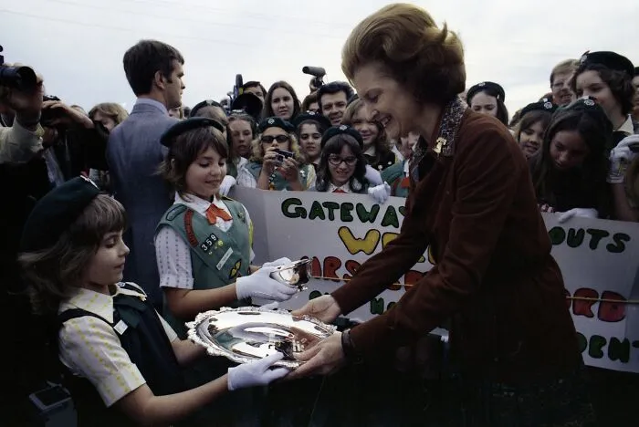 Gateway Girl Scout Troop Members Presenting A Silver Plate And Bowl To First Lady Betty Ford At Jacksonville International Airport In Jacksonville, Florida, 1976