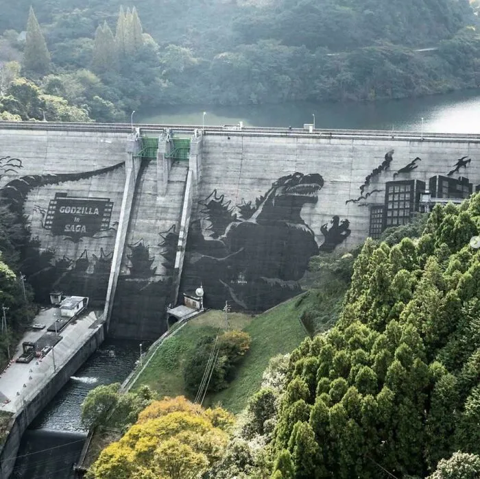 A German Company That Sells Cleaning Equipment Used Its Pressure Washers To Create A Giant Image Of Godzilla On The Iwaya Kawauchi Dam In Saga Prefecture (Japan)
