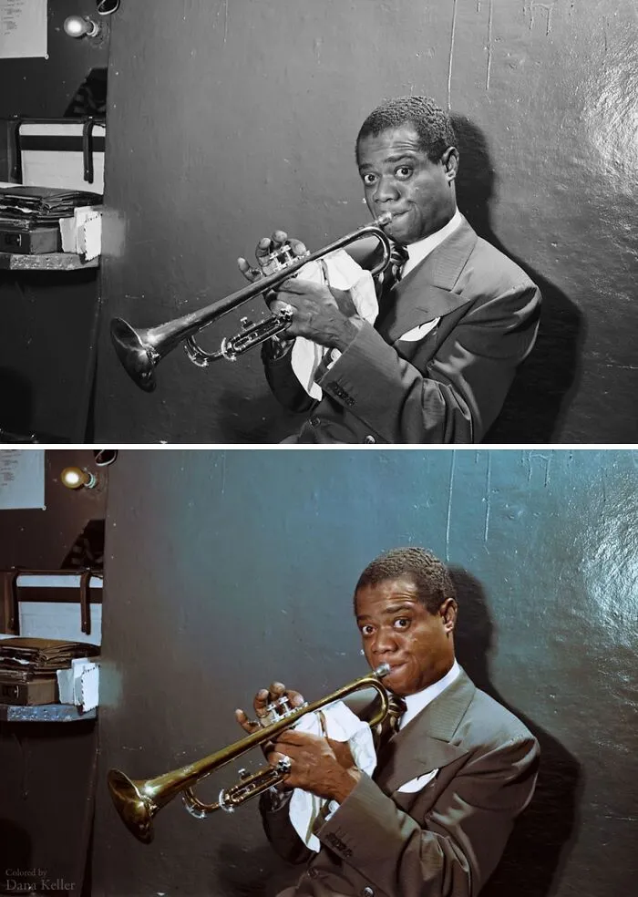 Louis Armstrong Practicing In His Dressing Room, Ca 1946