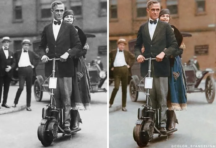An American Couple Ride Around On An Autoped Scooter, Circa 1918