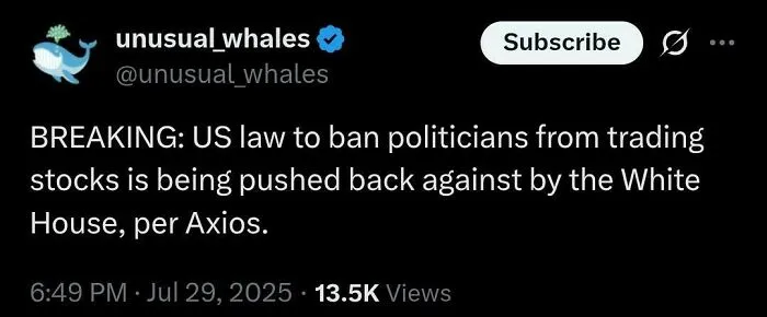 Screenshot of a tweet about US law on banning politicians from trading stocks, highlighting a failed attempt in legislation.