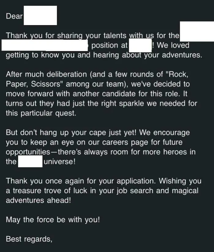 Rejection letter with unusual job requirements that made candidates nope out quickly in a humorous tone.