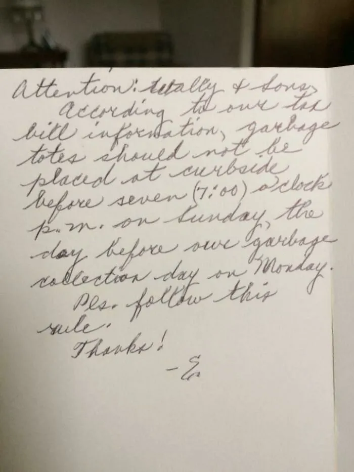 Handwritten neighbor's note about garbage tote rules highlighting unhinged neighbors’ notes living among people challenges.