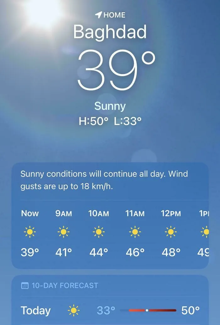 Temperaturas extremas en Bagdad durante olas de calor veraniegas con máximas que alcanzan los 50 grados.