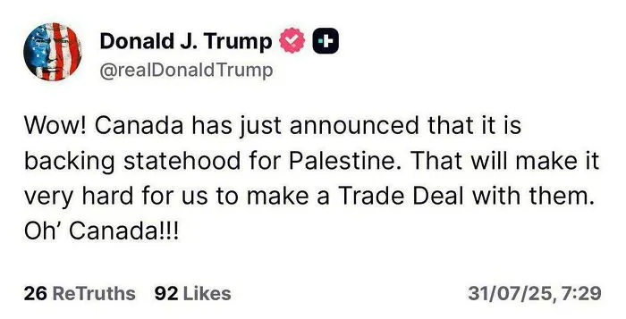 A social media post claiming Canada's support for Palestine statehood, illustrating a notable failed attempt moment.