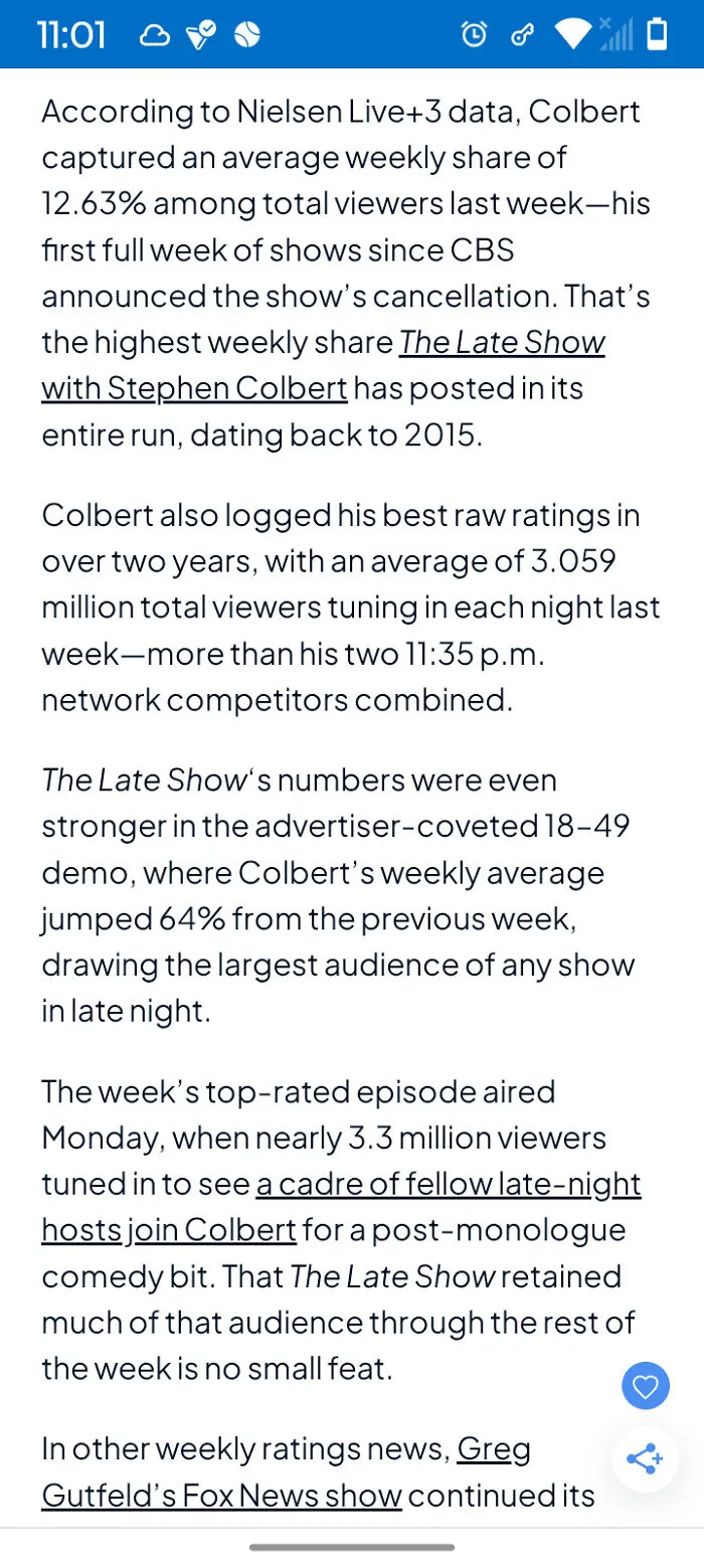 Screenshot of Nielsen Live+3 data showing viewer ratings and weekly share statistics for The Late Show with Stephen Colbert.