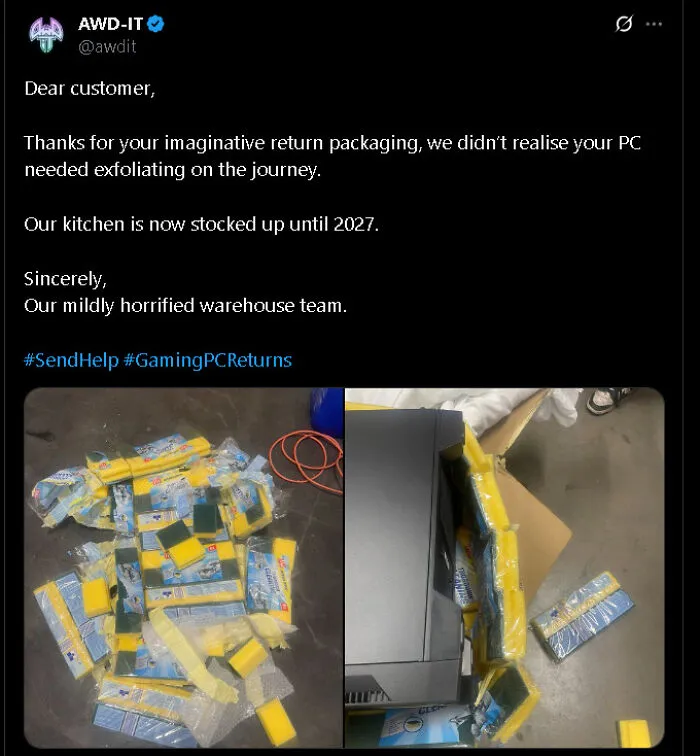 Customer Used Washing Up Sponges As Return Packaging, Thought It Was Funny