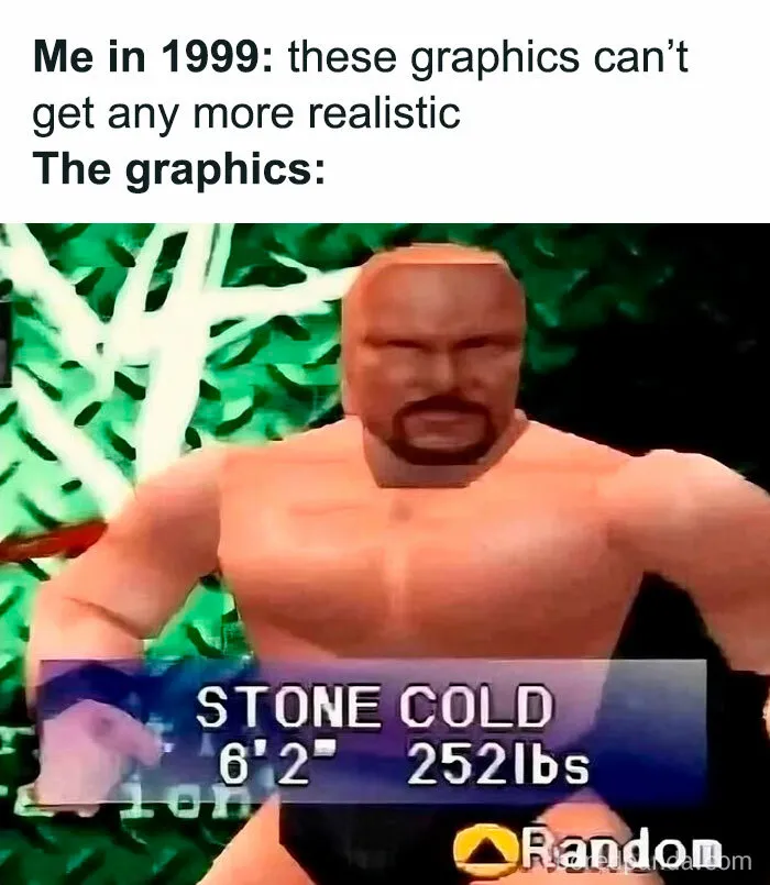 Blocky 90s video game graphics showing wrestler Stone Cold with nostalgic posts that capture the magic of growing up in the ’90s.