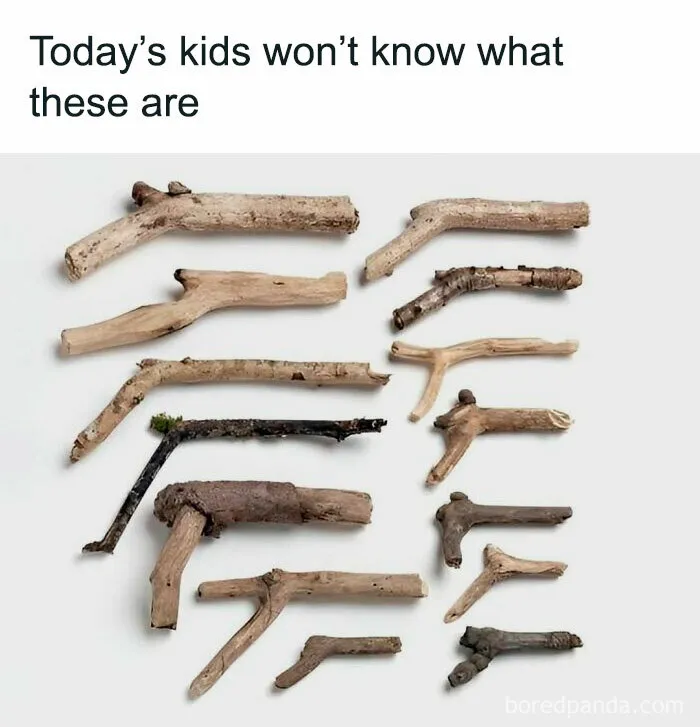 Collection of old tree branches shaped like toy guns, evoking nostalgic posts that capture the magic of growing up in the ’90s.