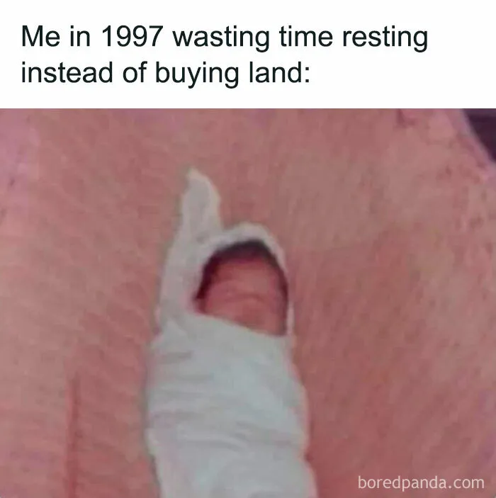 Baby wrapped in a blanket with text referencing wasting time in 1997, evoking nostalgic posts about growing up in the ’90s.