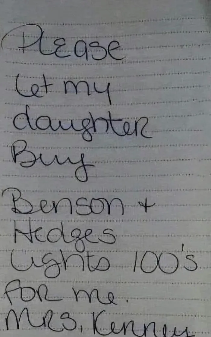 Handwritten note about buying Benson and Hedges lights, reflecting nostalgic posts from growing up in the ’90s.