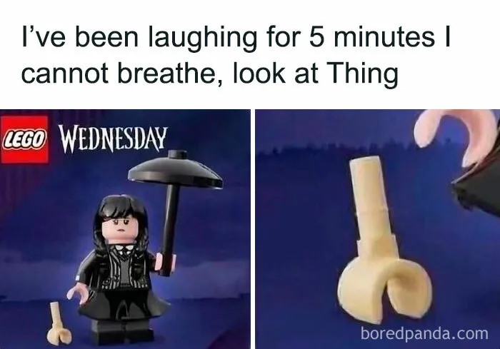 Lego Wednesday minifigure holding umbrella with a small Lego piece resembling Thing from 90s nostalgic posts.