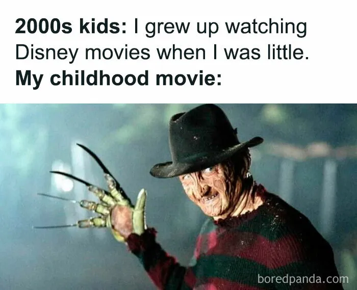 2000s kids vs 90s childhood movies nostalgic post featuring Freddy Krueger from classic horror film.