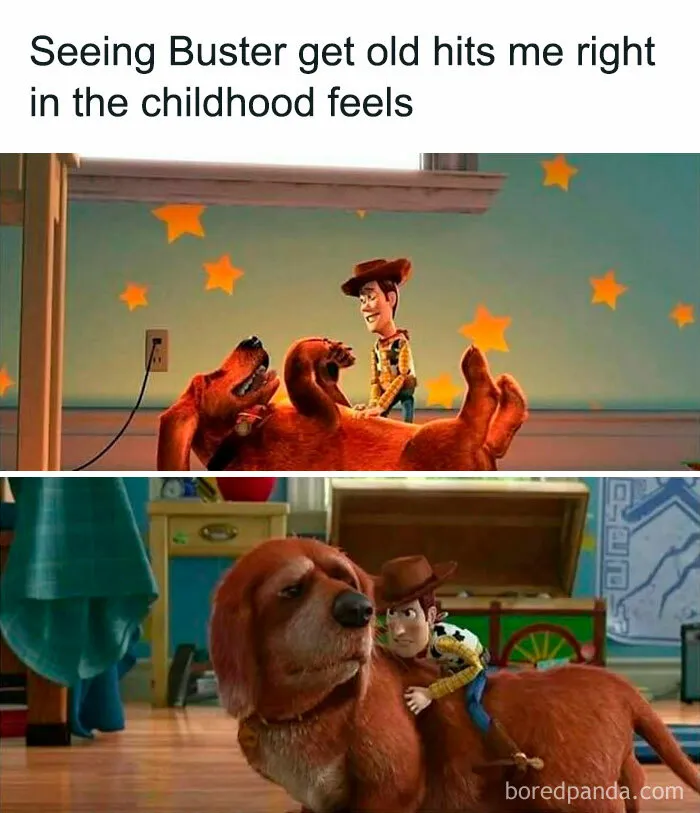 Scene from Toy Story showing Woody with the dog Buster, evoking nostalgic posts capturing the magic of growing up in the ’90s.