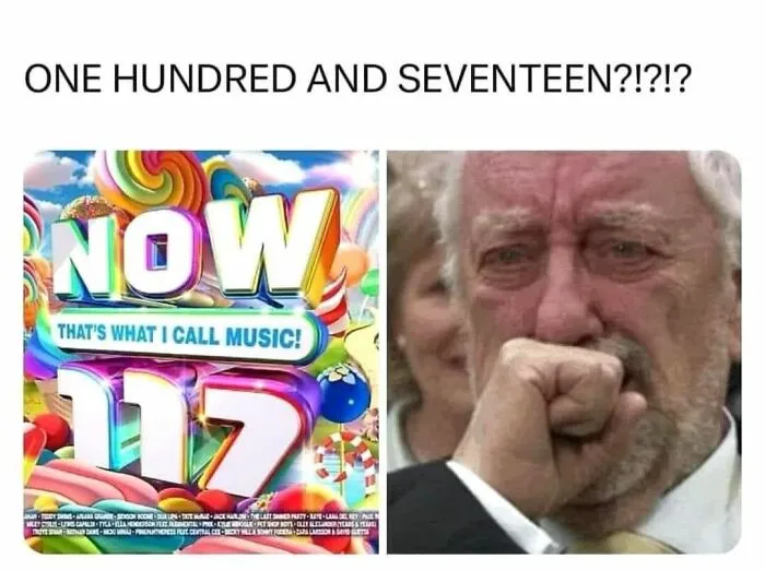 Man emotional with nostalgia, reacting to the release of the 117th NOW music album, capturing ’90s growing up magic.