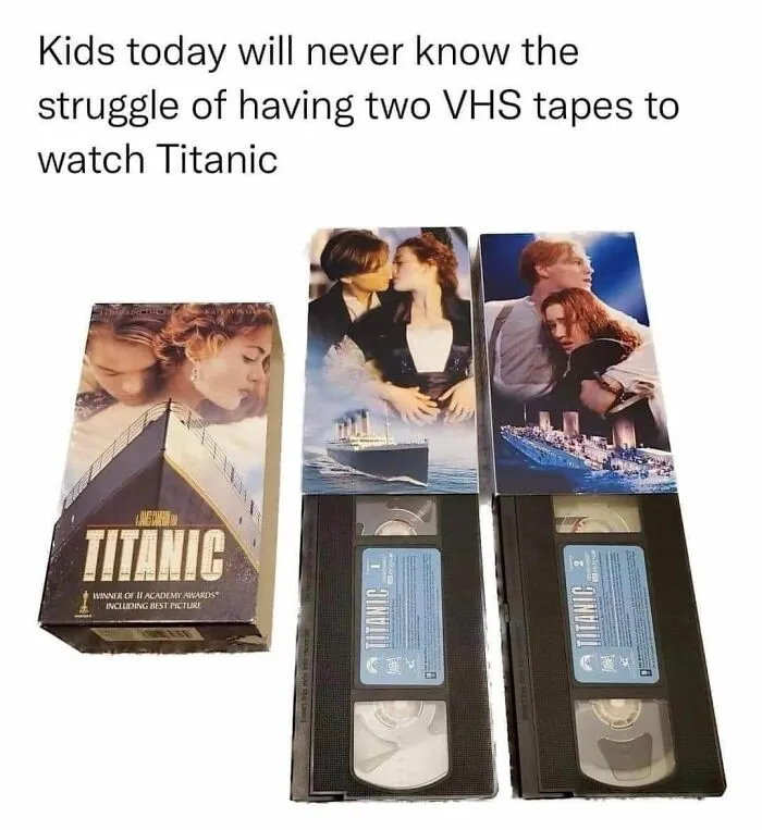 Two Titanic VHS tapes with original covers, highlighting nostalgic posts about the magic of growing up in the ’90s.