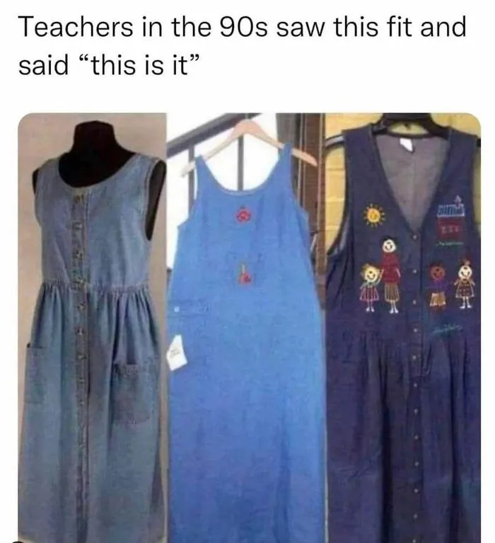 Three vintage denim dresses from the 90s reflecting nostalgic posts about growing up in the ’90s.