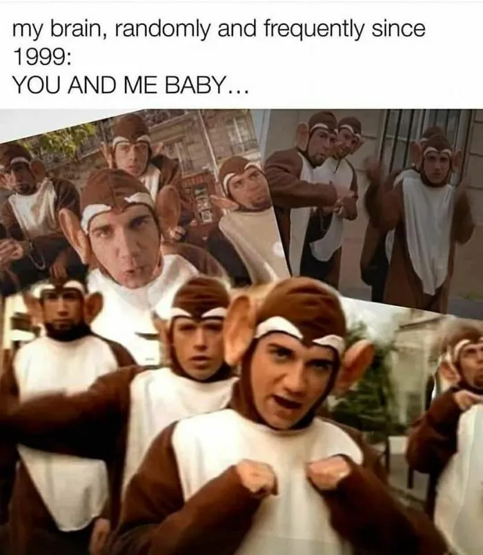 Group of people in monkey costumes referencing nostalgic 90s pop culture with caption about memories since 1999.
