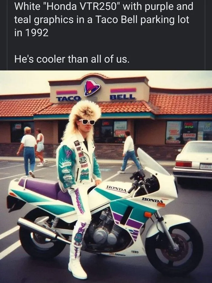 Person with a mullet hairstyle and white sunglasses on a Honda VTR250 motorcycle in a 90s Taco Bell parking lot.