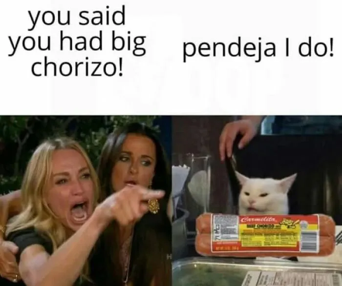 Woman yelling and cat with chorizo in a funny meme representing Hispanic humor and culture.