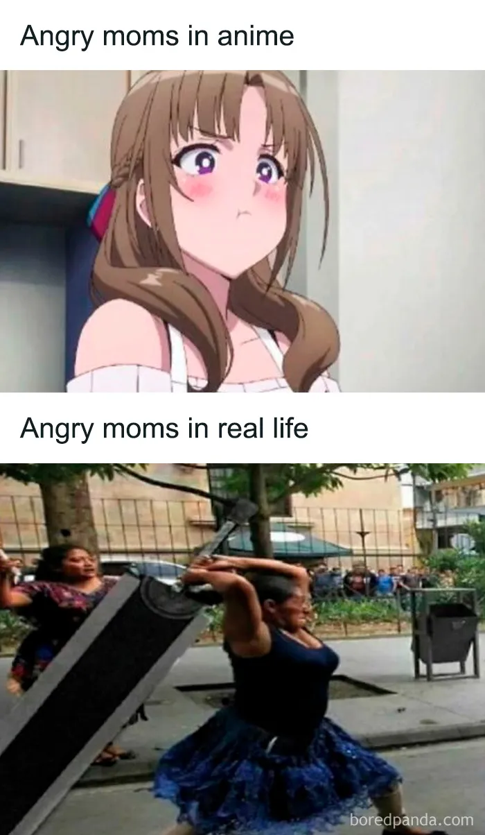 Comparison meme showing an anime angry mom with puffed cheeks and a real-life angry mom wielding a large sword unhinged humor meme.