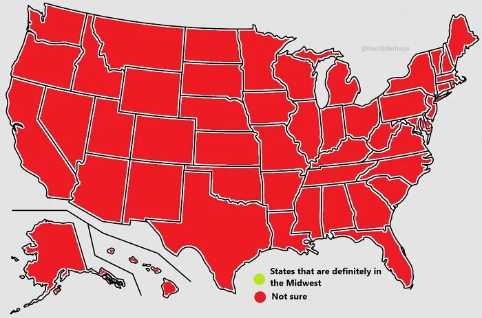 Map of the United States showing states marked as not sure if they belong to the Midwest in a funny geography map.
