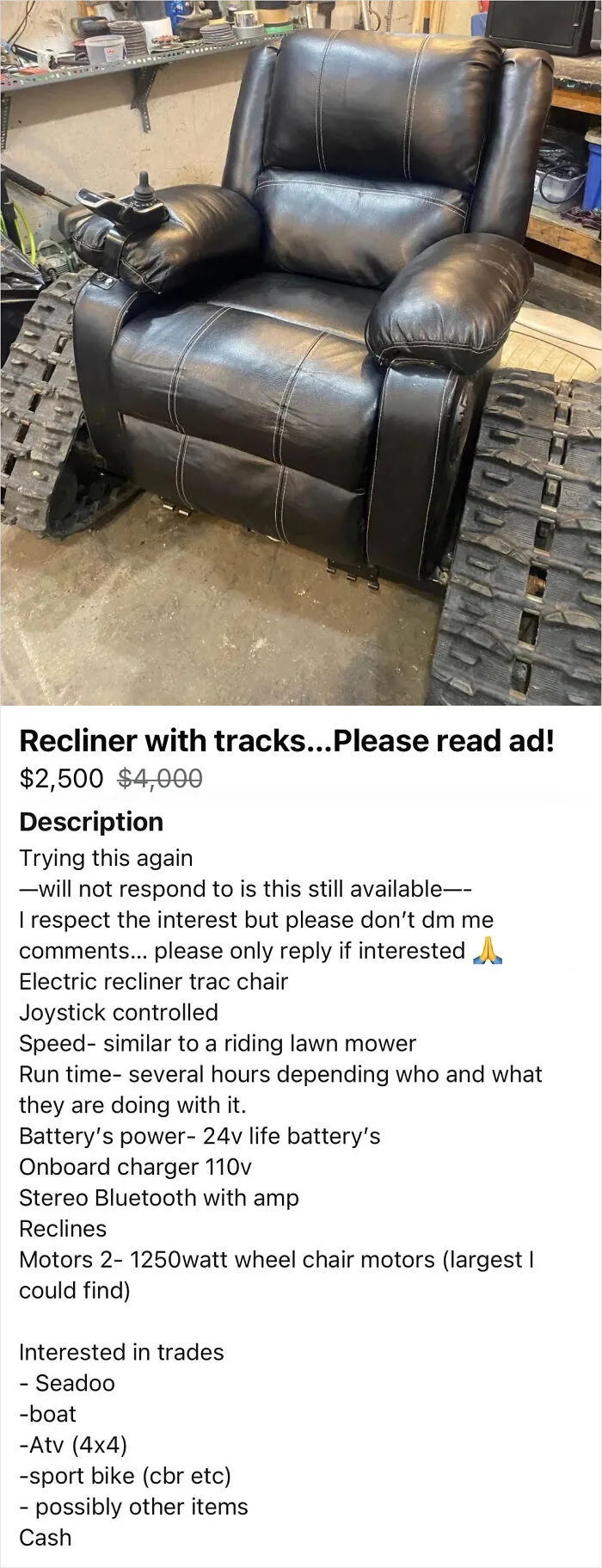 Electric recliner chair with tank-style tracks and joystick control, showcasing redneck engineering creativity and inventive MacGyvering.