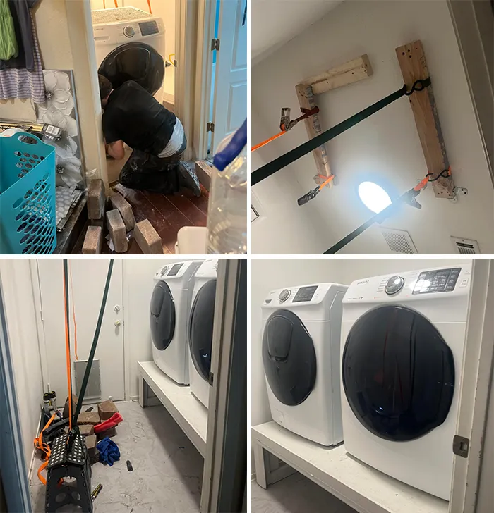 Creative redneck engineering setup for installing and stabilizing laundry machines using wood, straps, and weights in a laundry room.