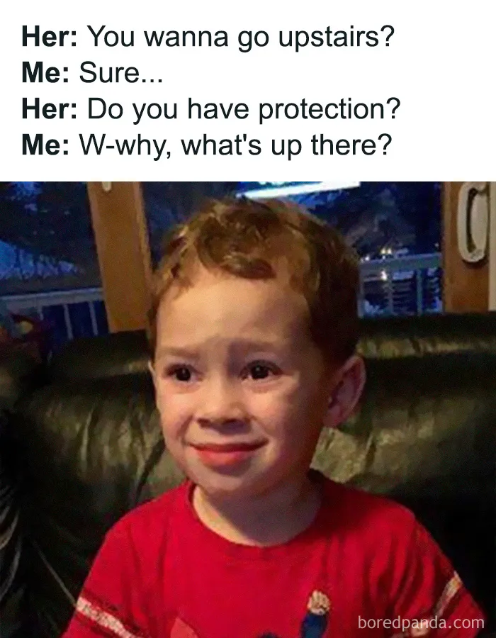 Confused young boy with worried expression sitting on a couch, representing weird and unhinged type of humor meme.