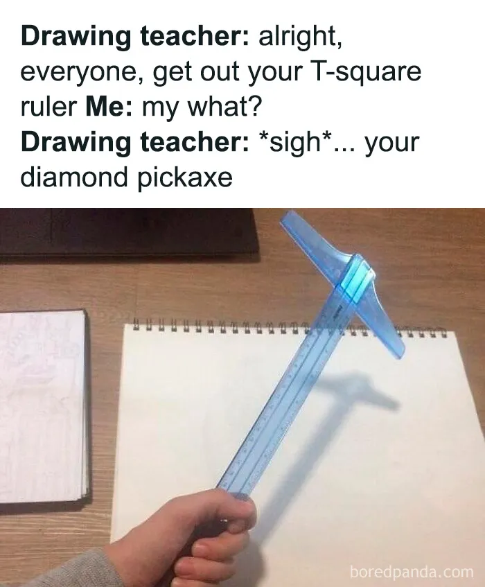 Hand holding a T-square ruler shaped like a diamond pickaxe, illustrating weird and unhinged type of humor memes.