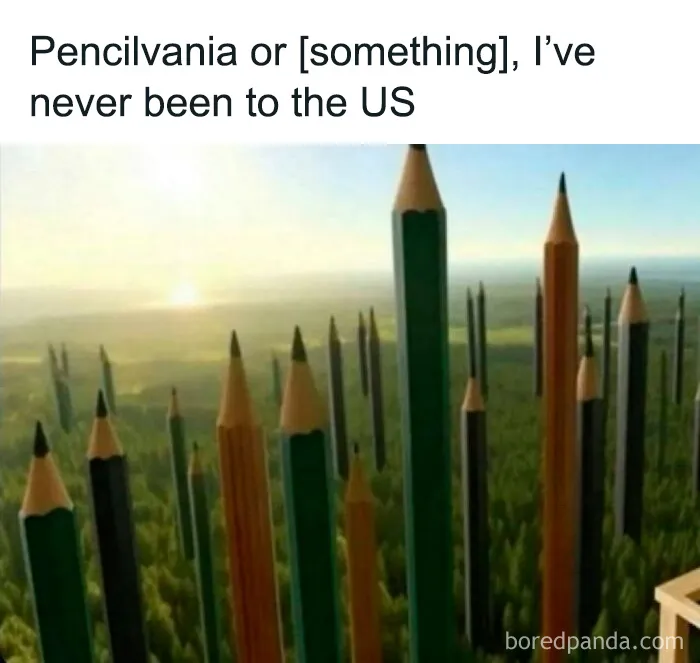 Surreal image of giant pencils standing like skyscrapers over a forest, fitting the weird and unhinged type of humor memes.