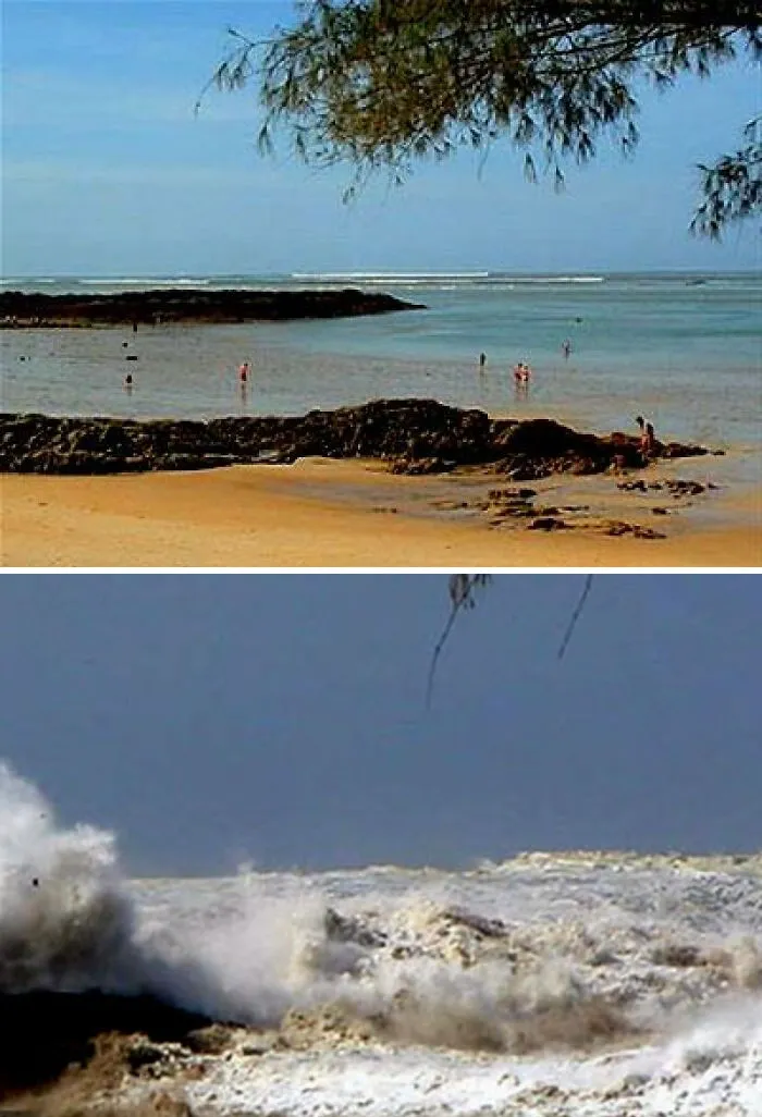 Calm beach with people before a sudden massive wave crashes ashore in a terrifying and horrific backstory photo.